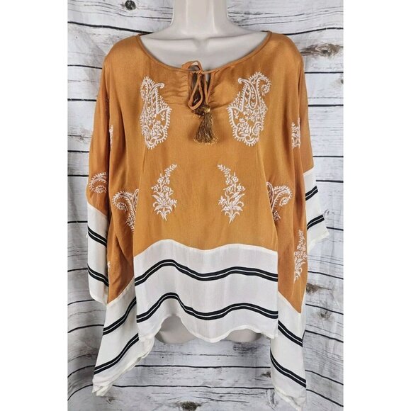 Anthropologie Floreat Sunglow Poncho Top M Embroidered Mustard Viscose Tassels - Picture 1 of 8